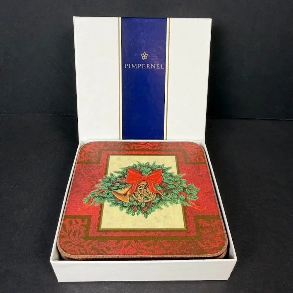 Set of 6 Pimpernel Holly Celebration Cork/Acrylic 4.25 in Coasters, England